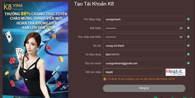 Đăng ký tài khoản K8 trên điện thoại 