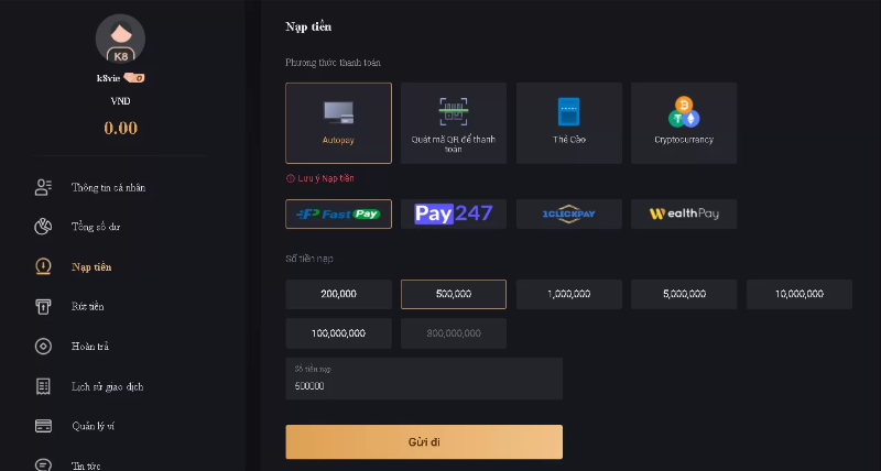 Nạp tiền K8 thông qua Autopay